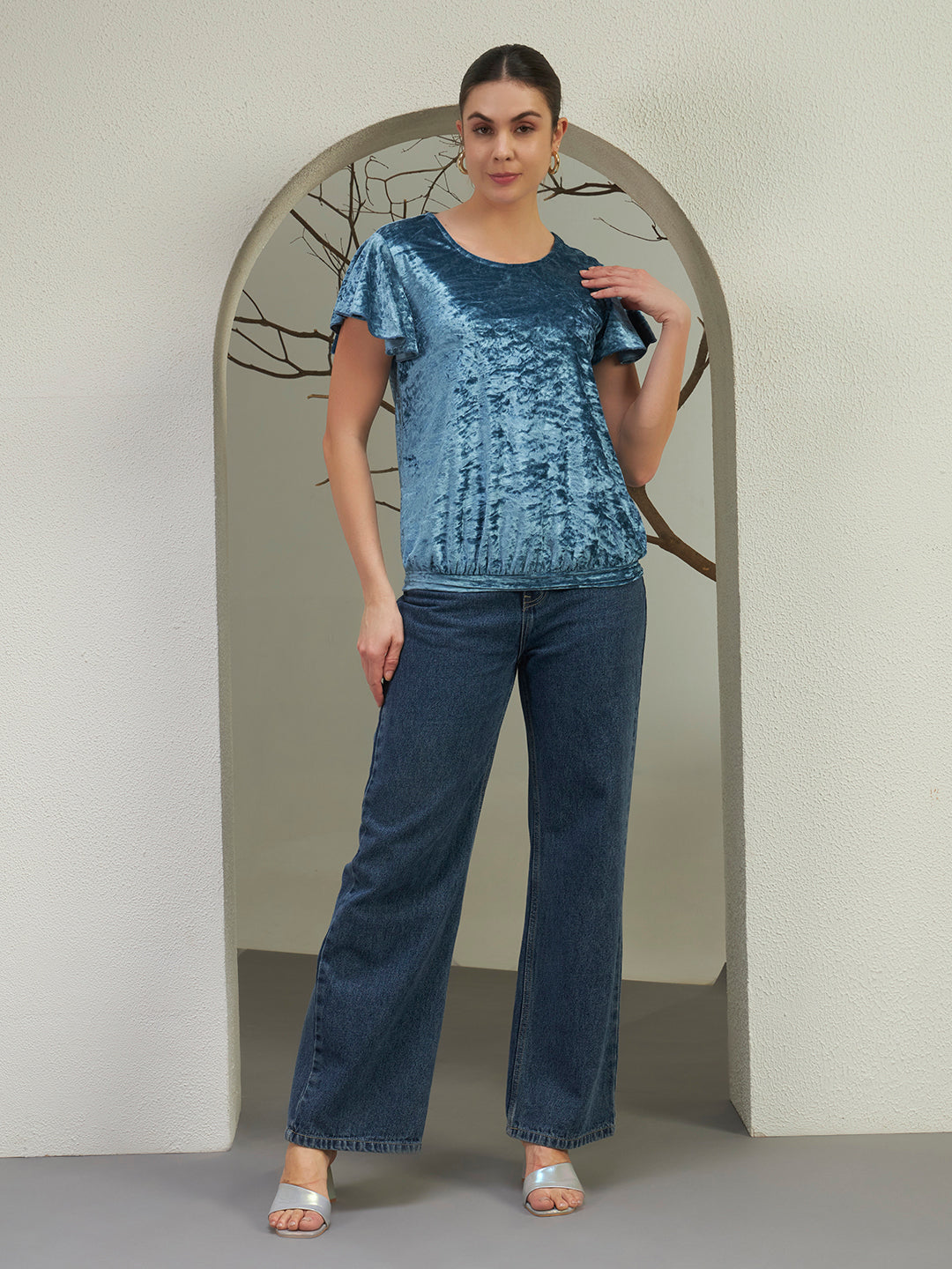 Blue Crushed Velvet Ruffle Sleeve Top
