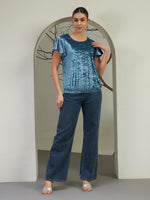 Blue Crushed Velvet Ruffle Sleeve Top