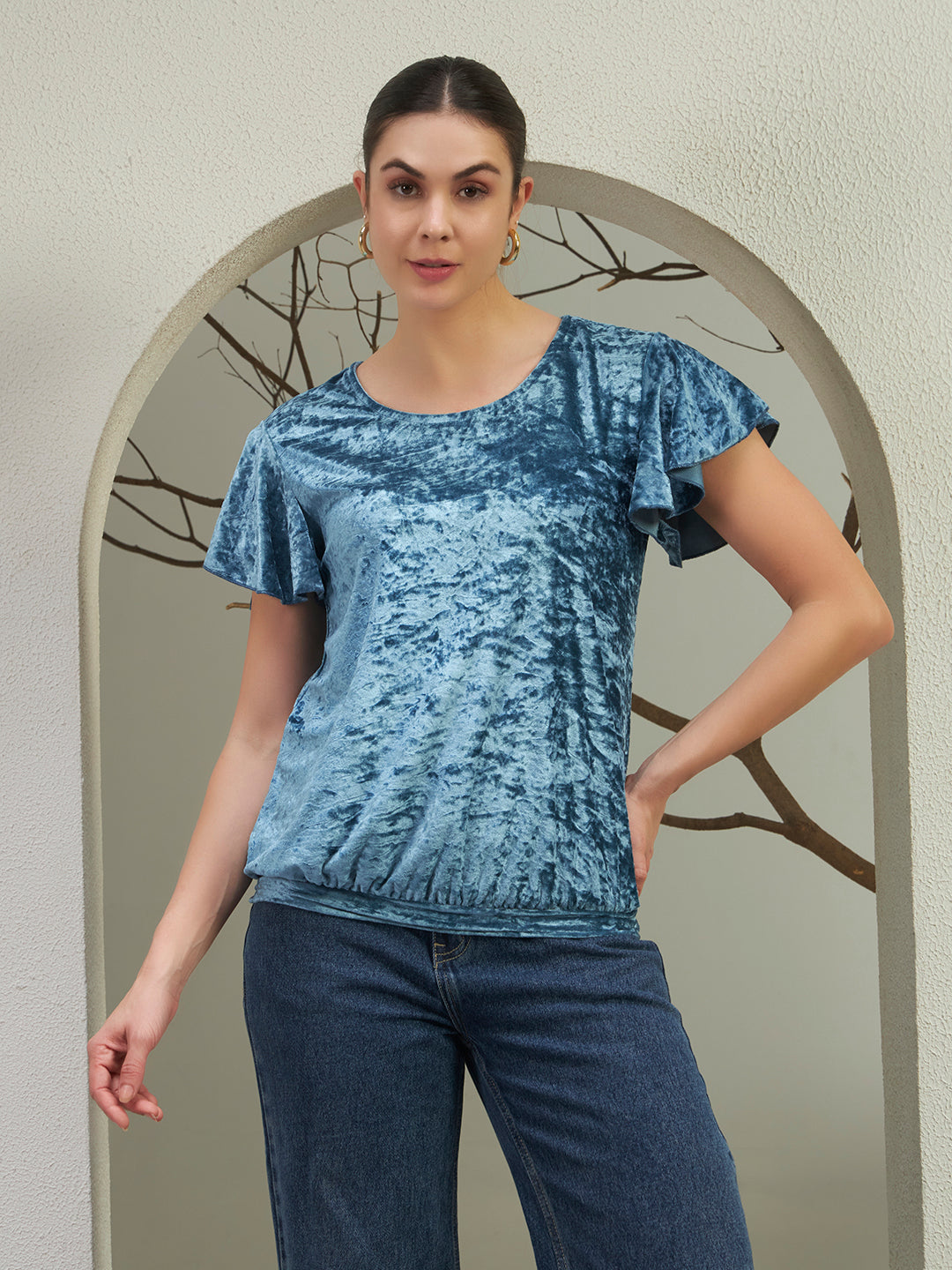 Blue Crushed Velvet Ruffle Sleeve Top