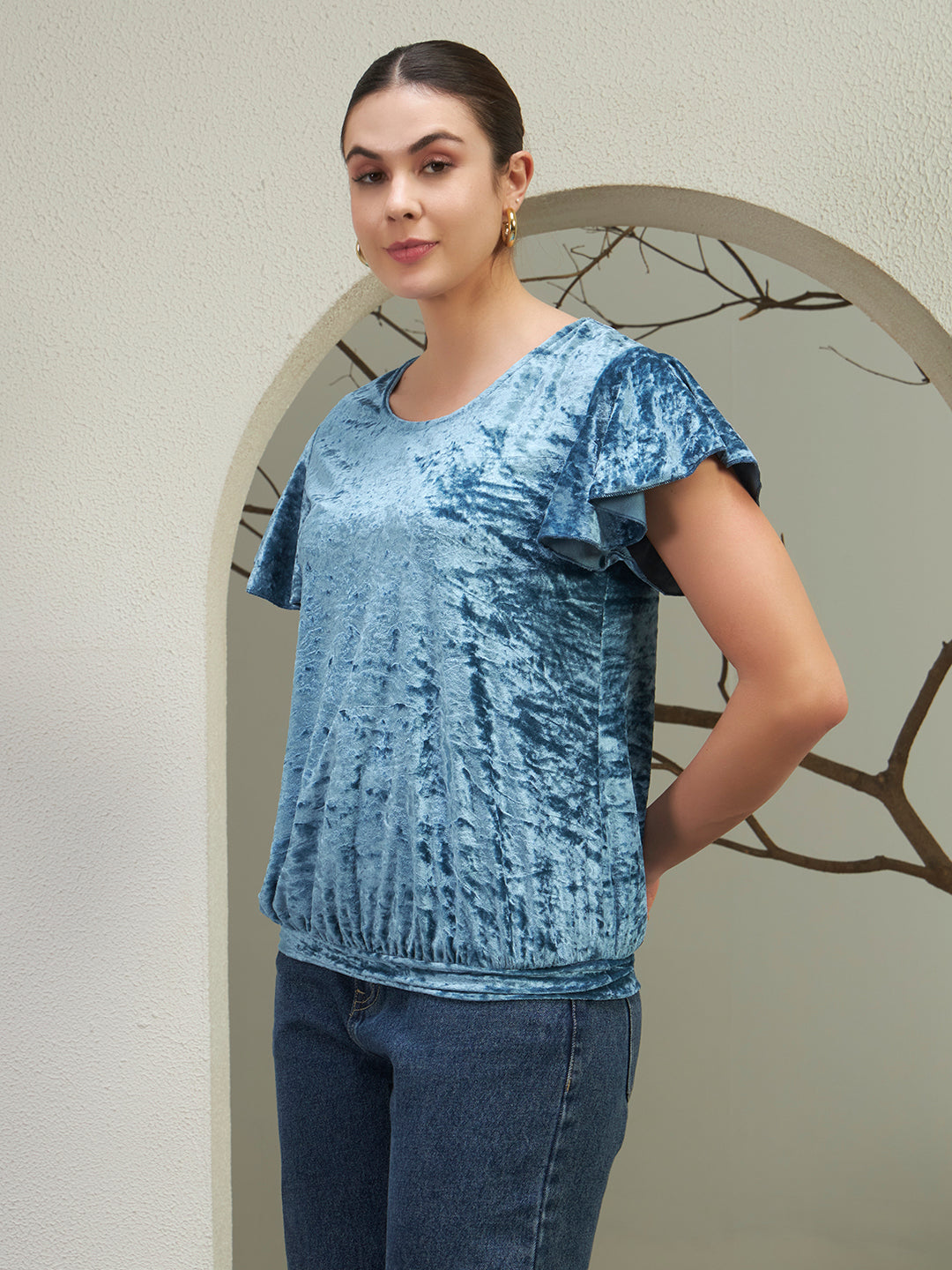Blue Crushed Velvet Ruffle Sleeve Top