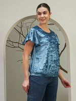 Blue Crushed Velvet Ruffle Sleeve Top