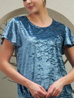 Blue Crushed Velvet Ruffle Sleeve Top