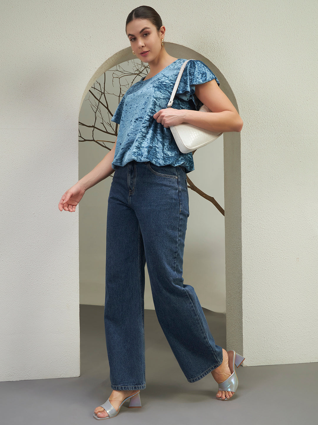 Blue Crushed Velvet Ruffle Sleeve Top
