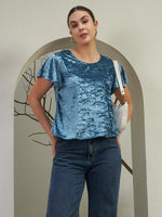 Blue Crushed Velvet Ruffle Sleeve Top