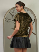 Olive Crushed Velvet Flutter-Sleeve Top