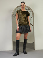 Olive Crushed Velvet Flutter-Sleeve Top