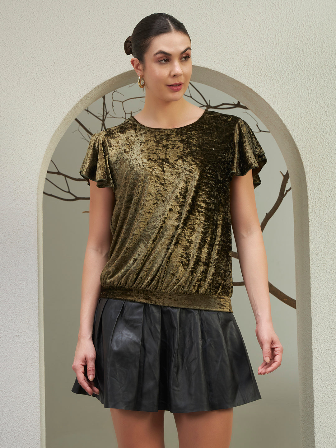 Olive Crushed Velvet Flutter-Sleeve Top