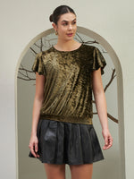 Olive Crushed Velvet Flutter-Sleeve Top