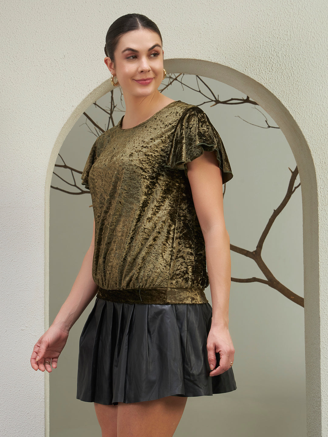 Olive Crushed Velvet Flutter-Sleeve Top