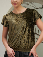 Olive Crushed Velvet Flutter-Sleeve Top