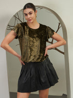 Olive Crushed Velvet Flutter-Sleeve Top