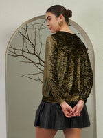 Olive Crushed Velvet Gathered Top
