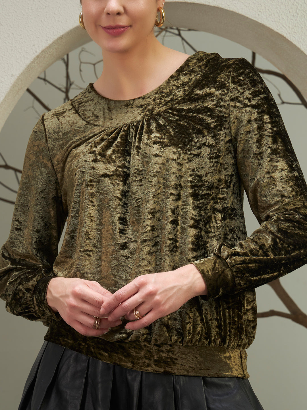 Olive Crushed Velvet Gathered Top