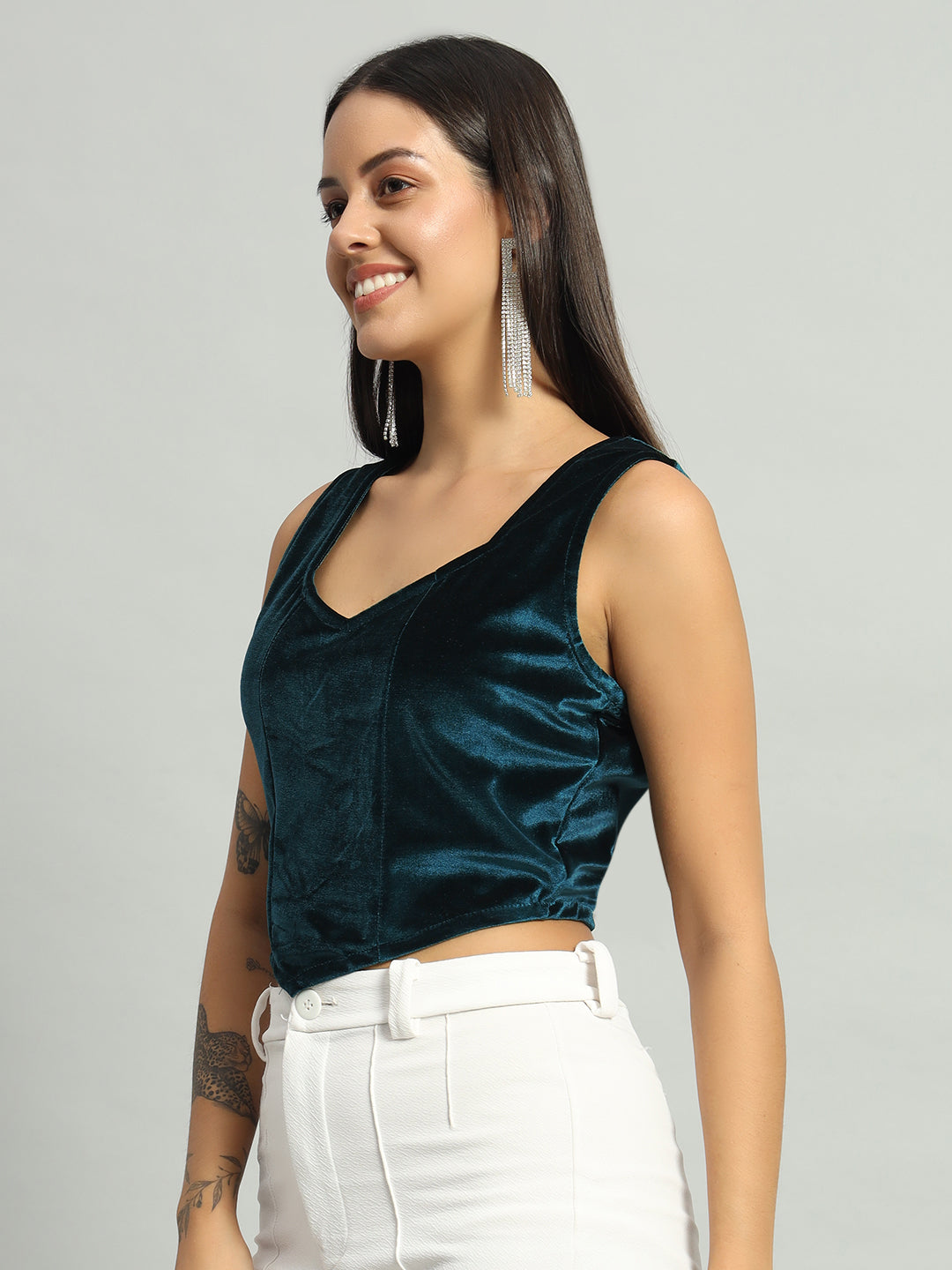 Velvet Sleeveless Readymade Party Blouse Rama Green