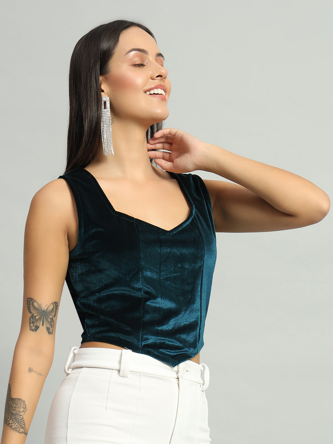 Velvet Sleeveless Readymade Party Blouse Rama Green