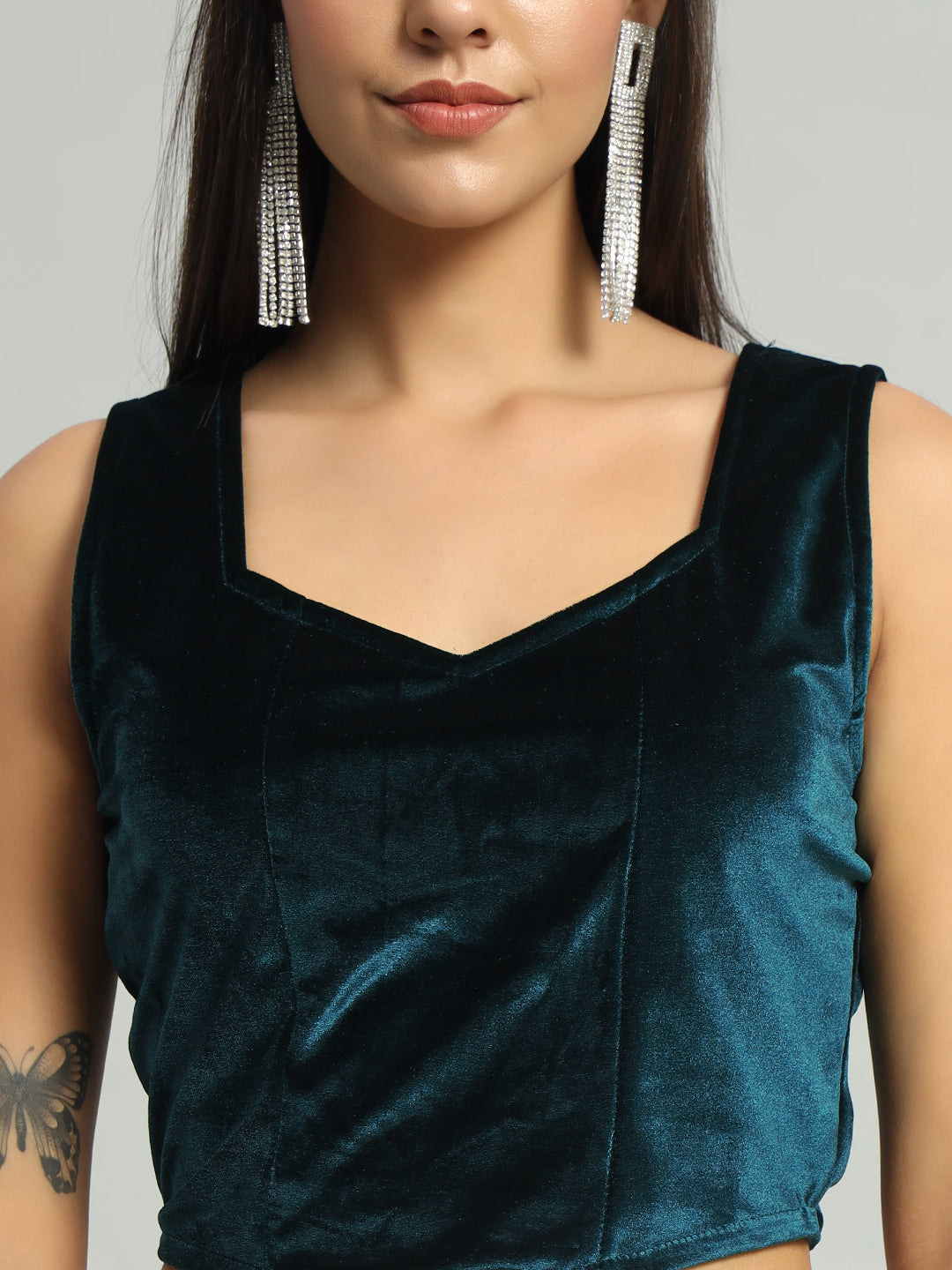 Velvet Sleeveless Readymade Party Blouse Navy Blue