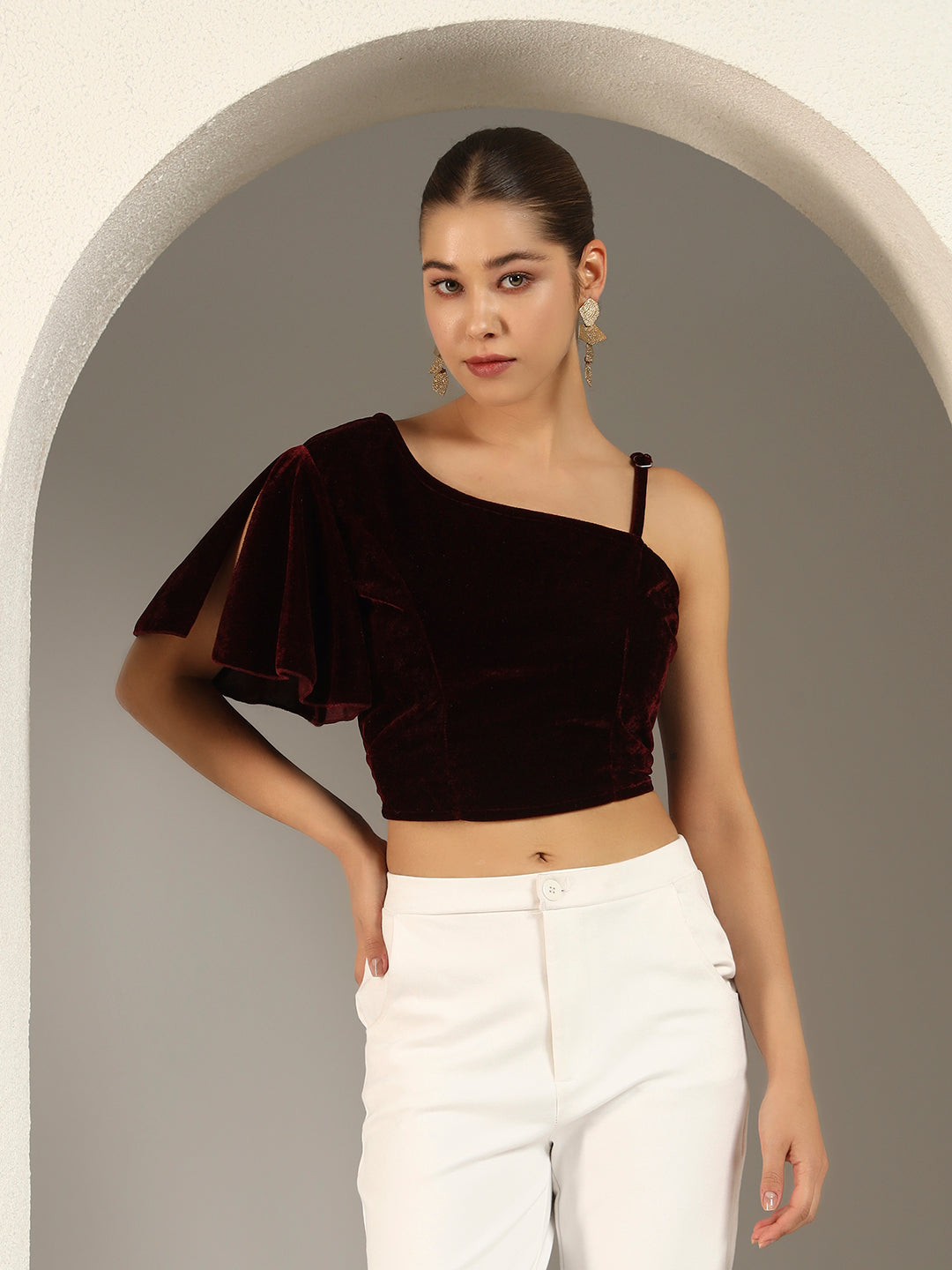 Velvet One-Shoulder Crop Blouse for Women | Asymmetrical Draped Sleeve Partywear Choli Top