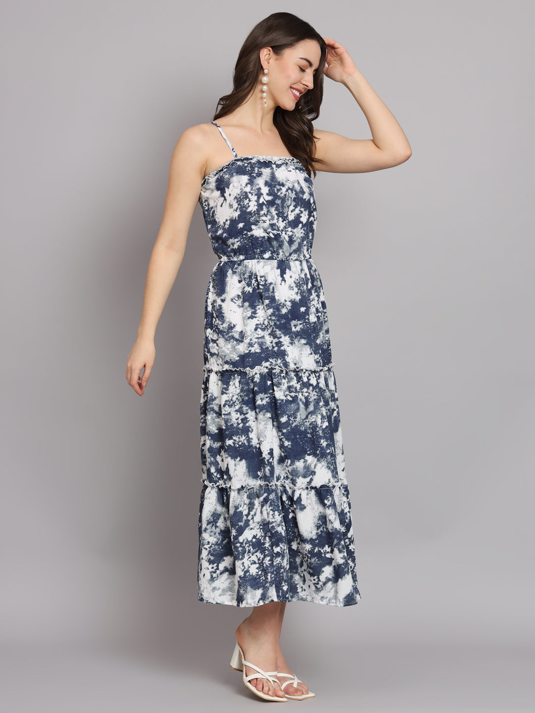 Tie & Dye Tiered A-Line Midi Sleeveless Dress for Women