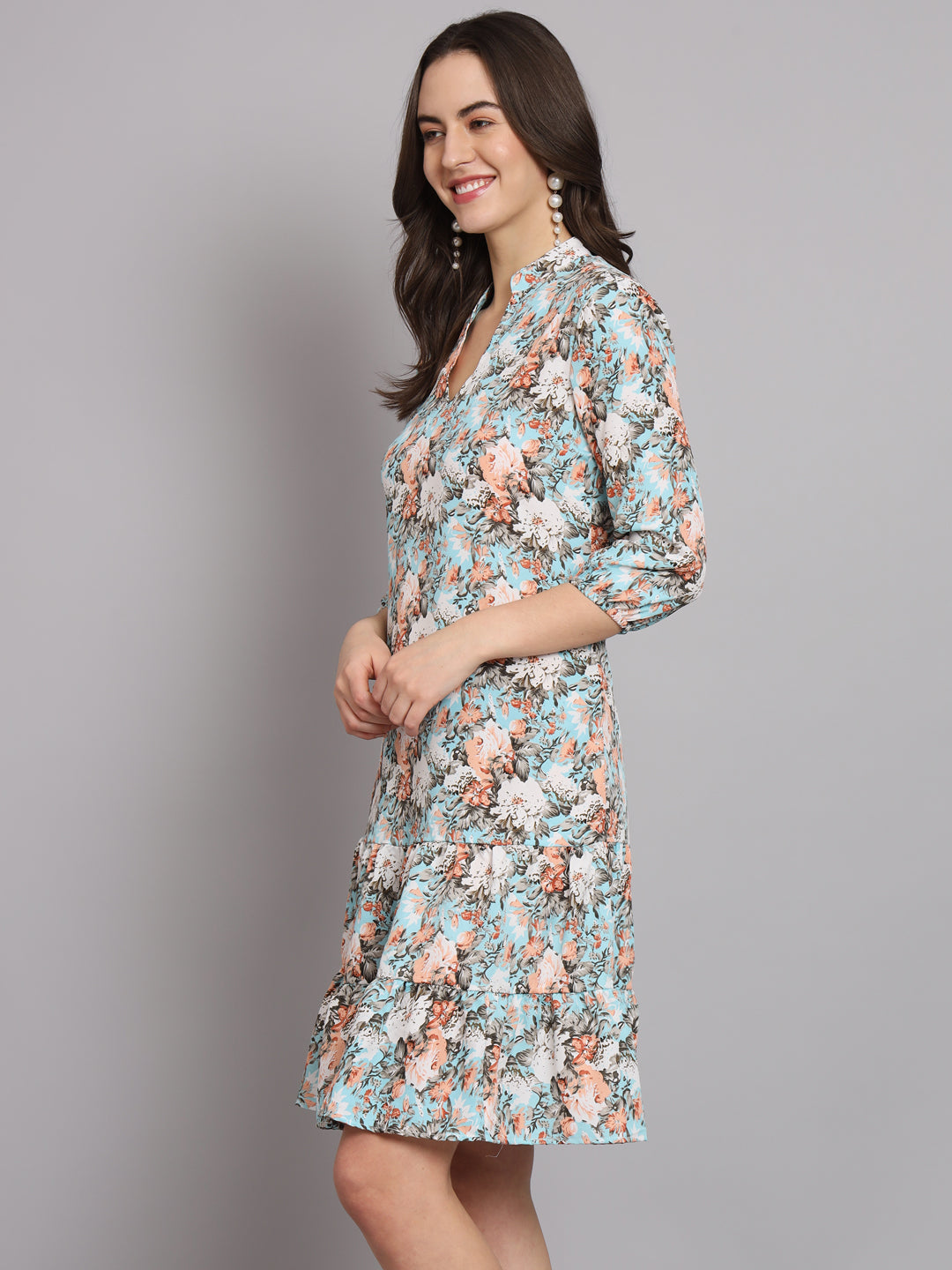 Floral Printed Mandarin Collar A-Line Dress