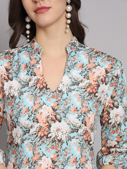 Floral Printed Mandarin Collar A-Line Dress