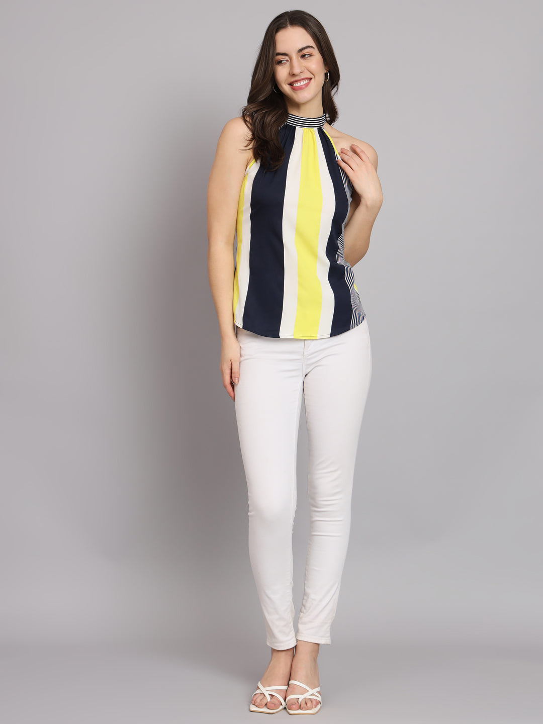 Crepe Yellow Stripes Sleeveless Top