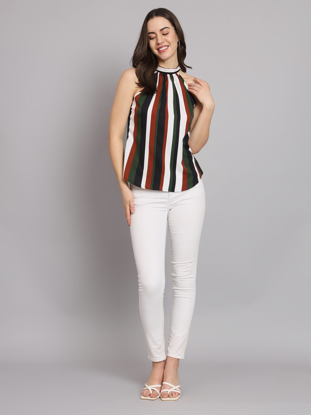 Crepe Multi Color Stripes Sleeveless Top