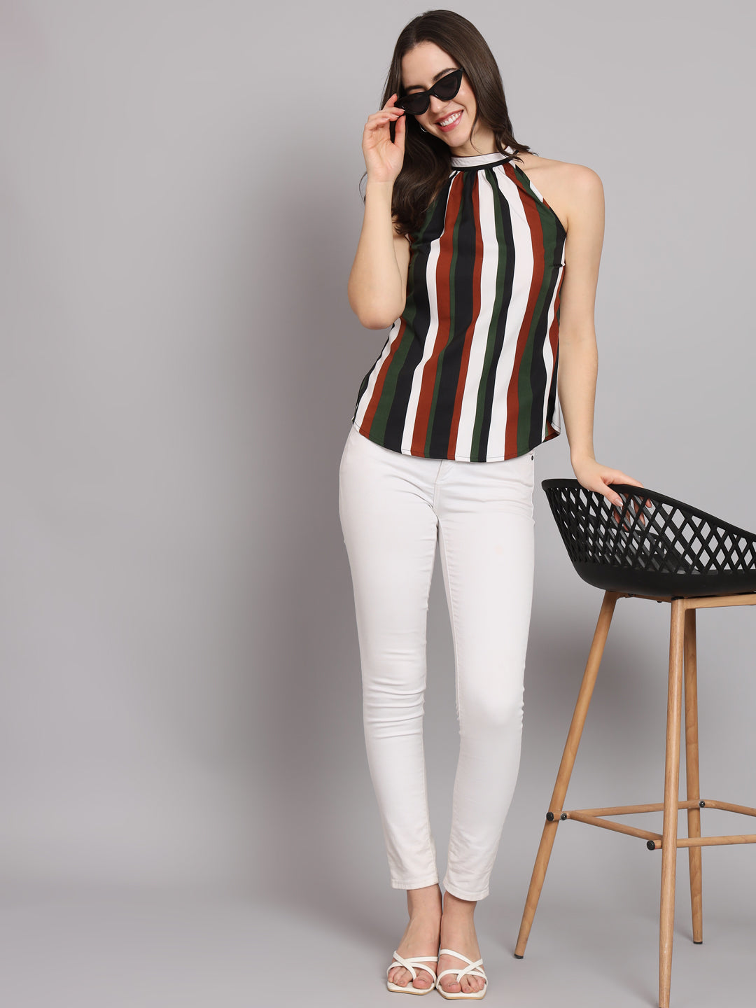 Crepe Multi Color Stripes Sleeveless Top