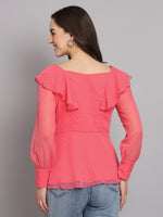 Waistline Ruffles Full Sleeves Top for Women with Lining Pink