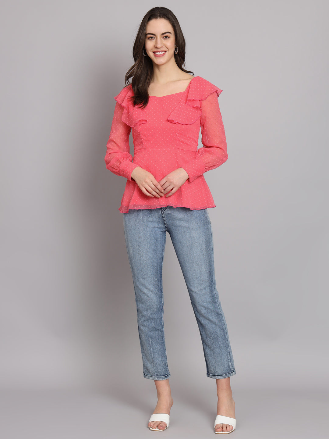 Waistline Ruffles Full Sleeves Top for Women with Lining Pink