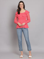 Waistline Ruffles Full Sleeves Top for Women with Lining Sky Blue