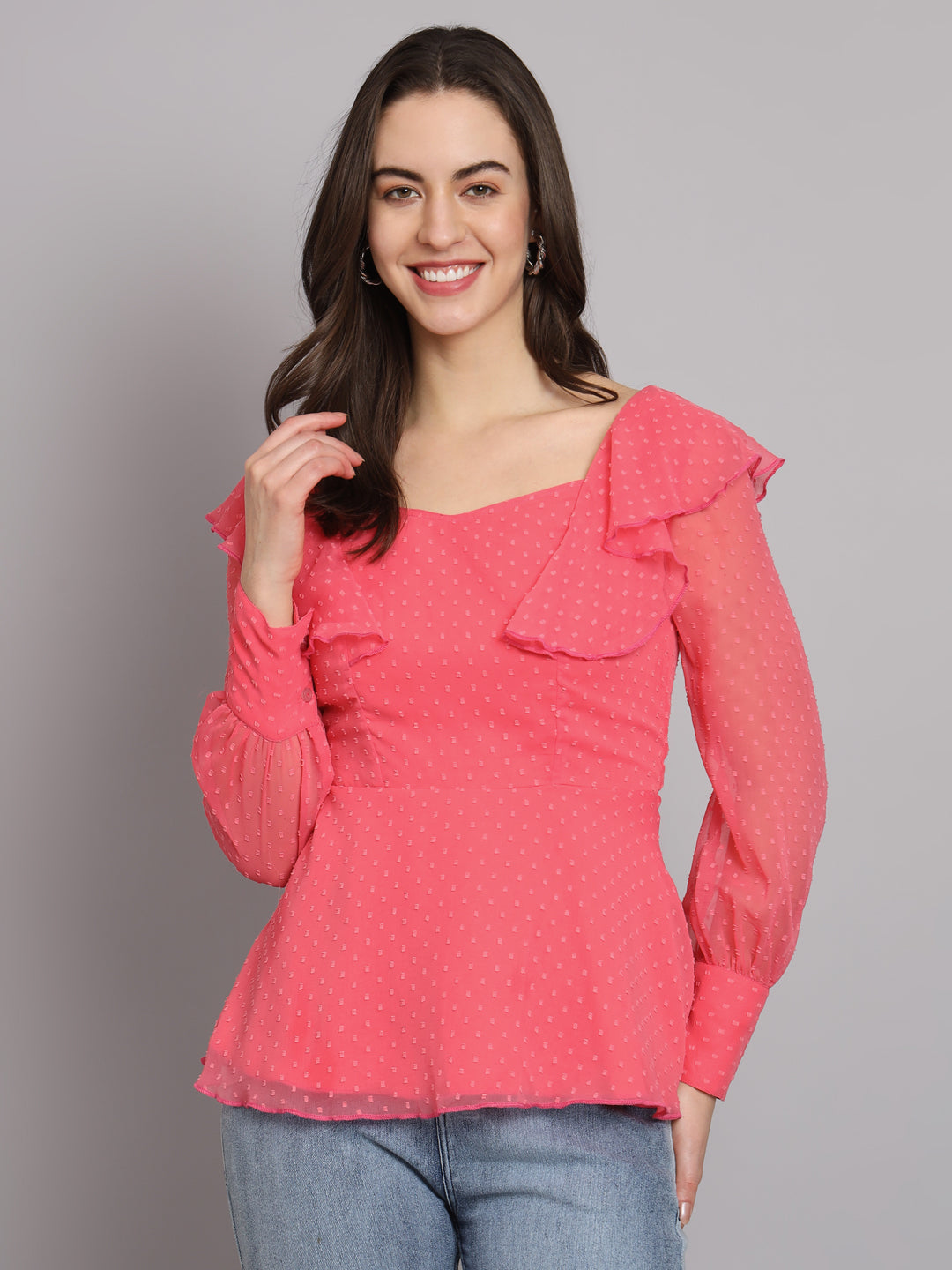 Waistline Ruffles Full Sleeves Top for Women with Lining Pink