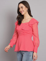 Waistline Ruffles Full Sleeves Top for Women with Lining Pink