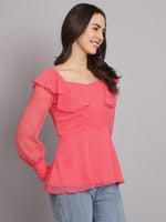 Waistline Ruffles Full Sleeves Top for Women with Lining Pink