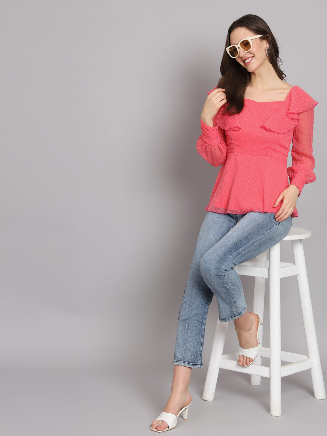 Waistline Ruffles Full Sleeves Top for Women with Lining Pink