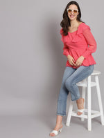 Waistline Ruffles Full Sleeves Top for Women with Lining Pink