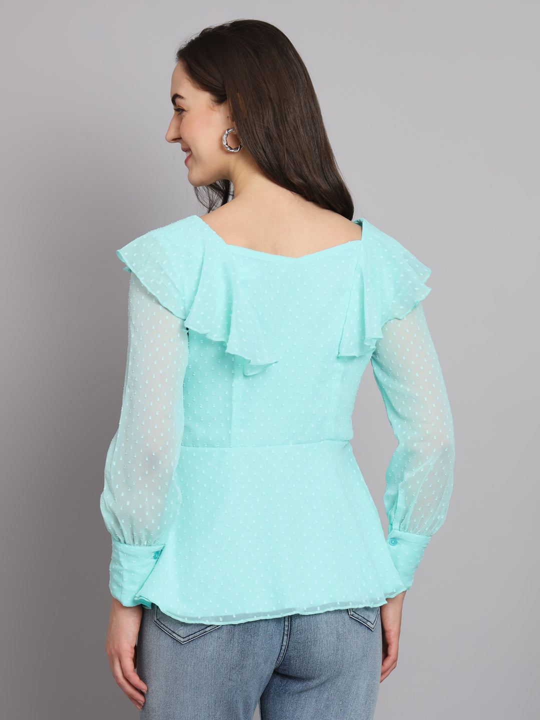 Waistline Ruffles Full Sleeves Top for Women with Lining Sky Blue