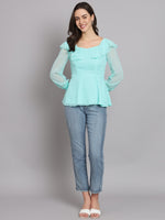 Waistline Ruffles Full Sleeves Top for Women with Lining Sky Blue