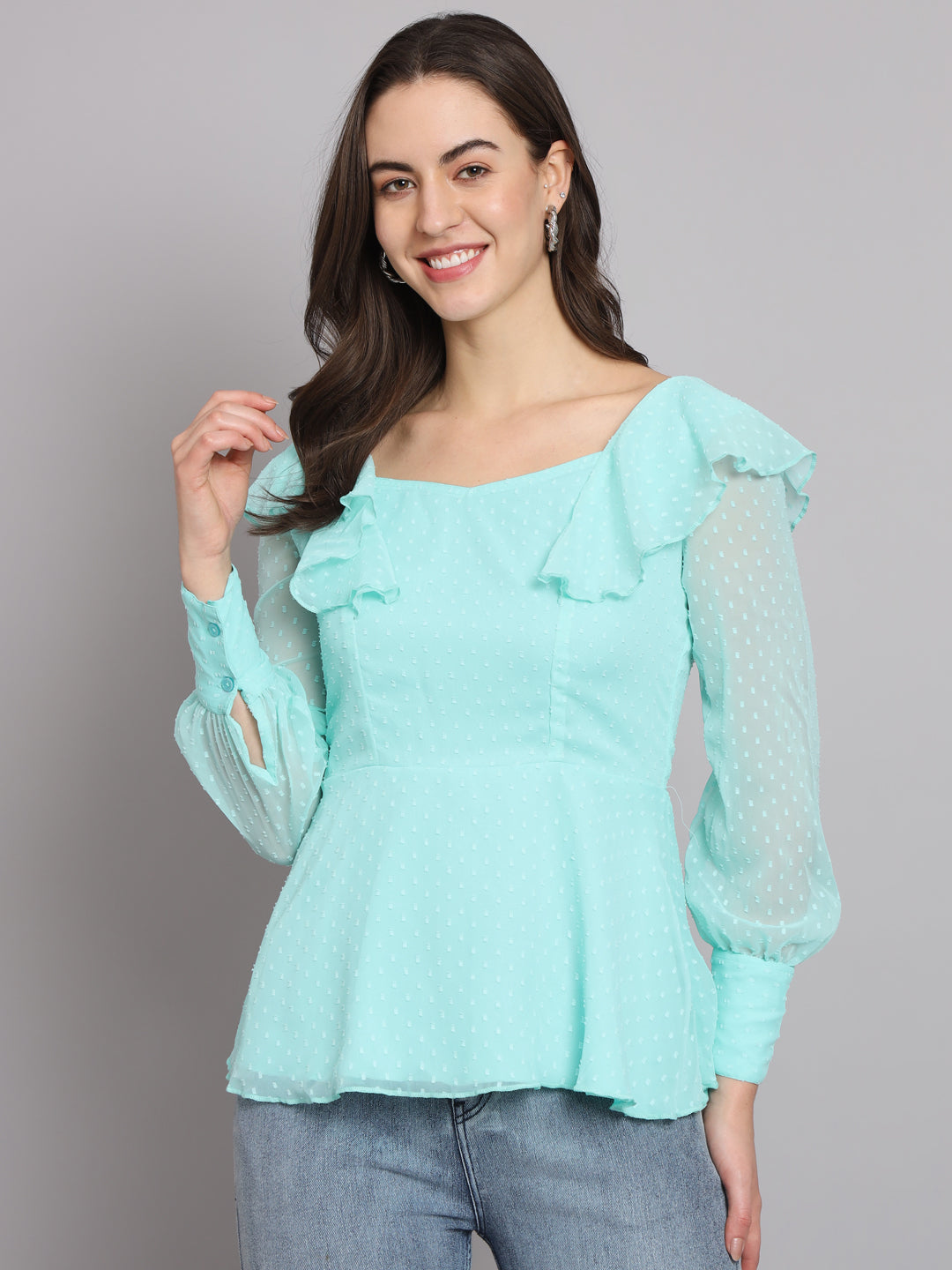 Waistline Ruffles Full Sleeves Top for Women with Lining Sky Blue