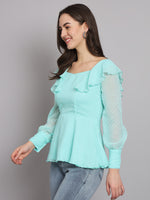 Waistline Ruffles Full Sleeves Top for Women with Lining Sky Blue