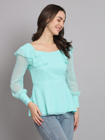 Waistline Ruffles Full Sleeves Top for Women with Lining Sky Blue