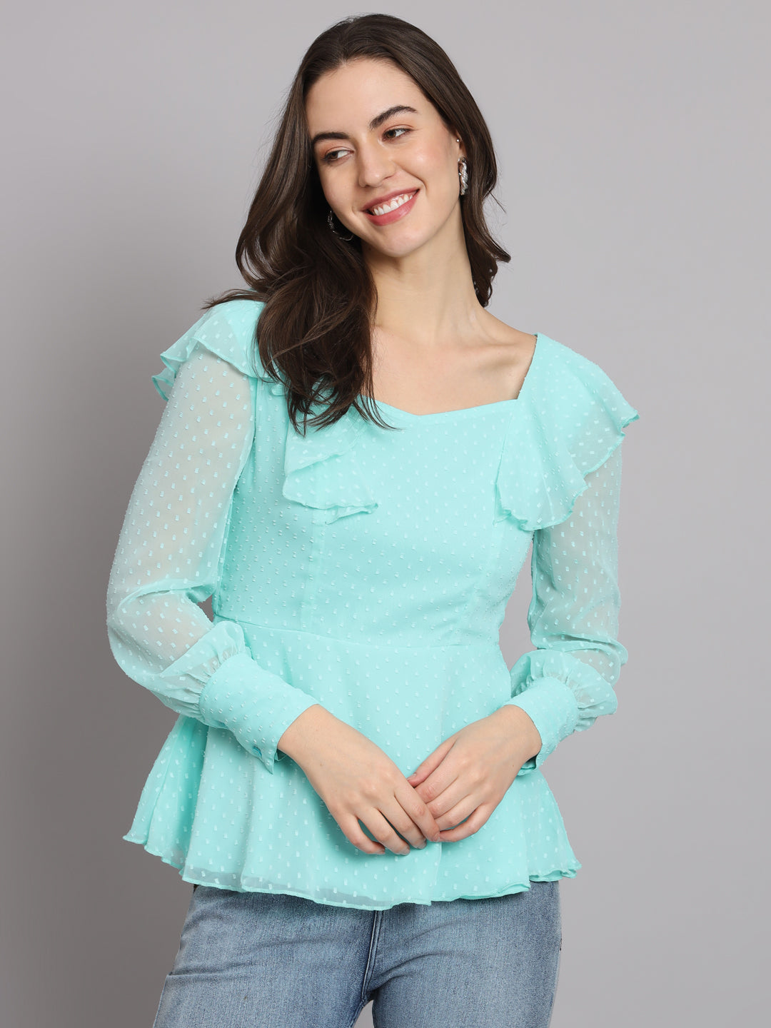 Waistline Ruffles Full Sleeves Top for Women with Lining Sky Blue