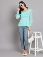 Waistline Ruffles Full Sleeves Top for Women with Lining Sky Blue