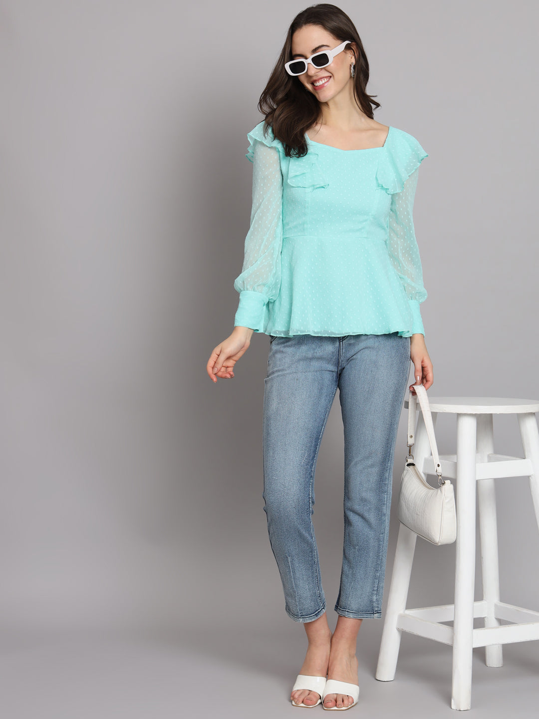 Waistline Ruffles Full Sleeves Top for Women with Lining Sky Blue