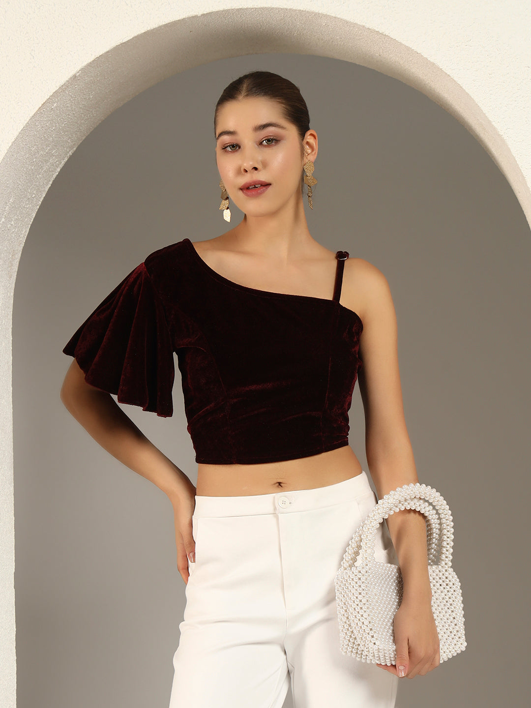 Velvet One-Shoulder Crop Blouse for Women | Asymmetrical Draped Sleeve Partywear Choli Top