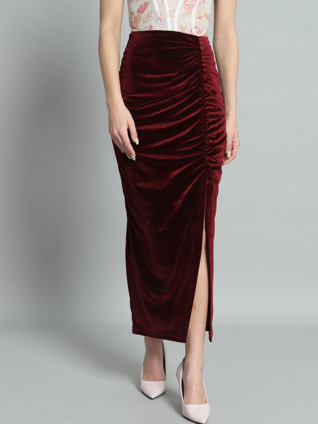 Ankle Length Long Ruched Party Skirt Sporty Maroon