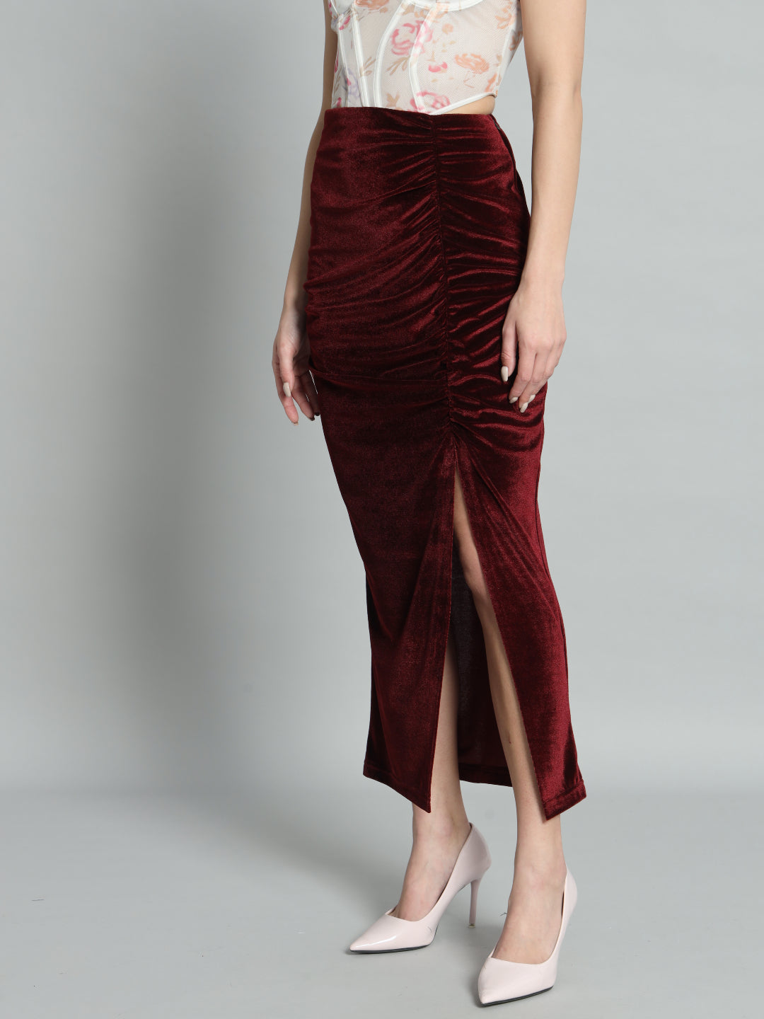 Ankle Length Long Ruched Party Skirt Sporty Maroon