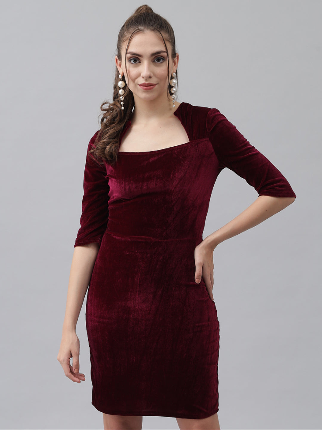 One Piece Bodycon Velvet Party Dress Wine