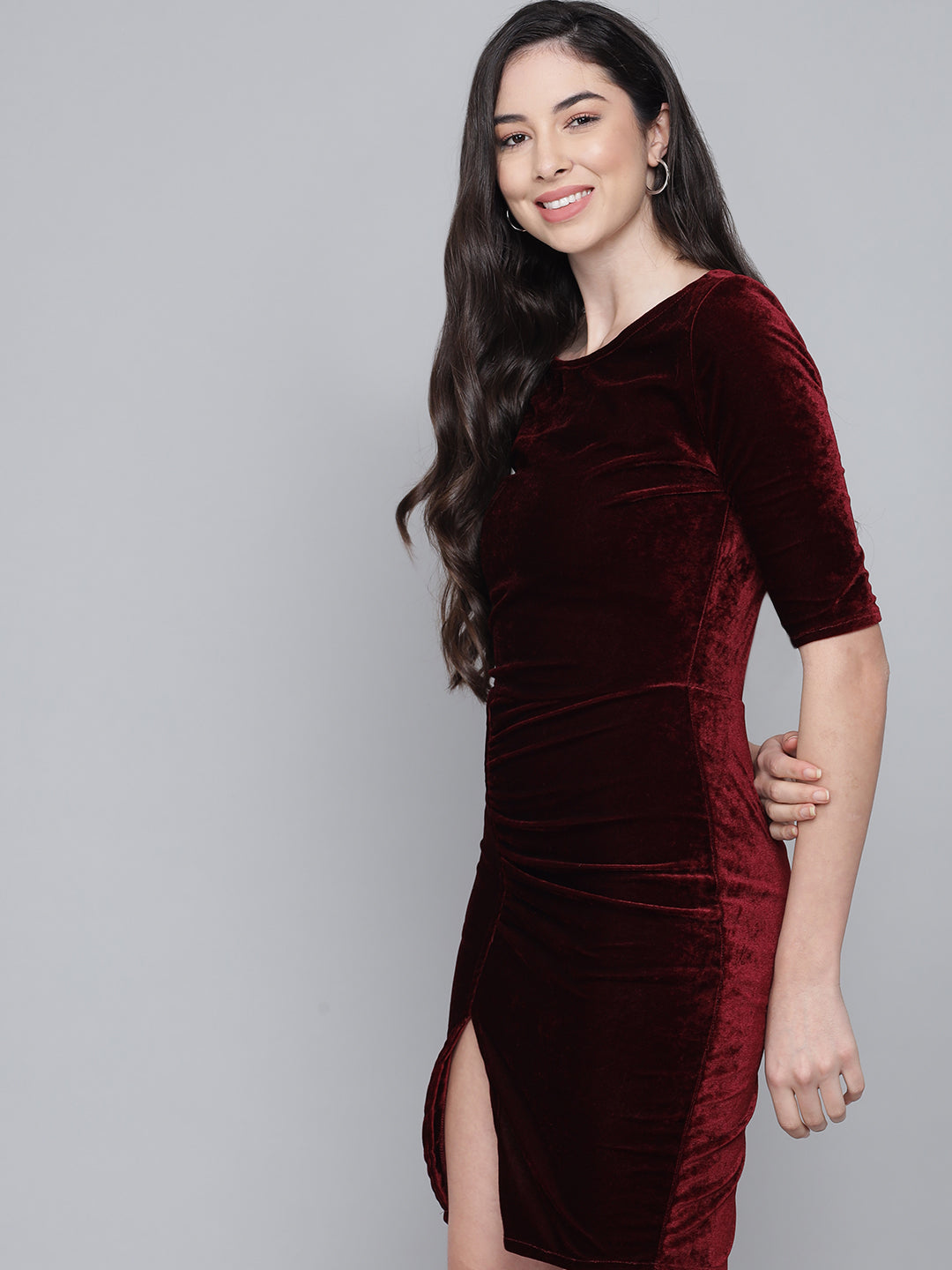 Half Sleeves Bodycon Party Dress Sporty Maroon