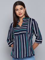 Crepe Multicolor Striped V-Neck Sleeves Stylish