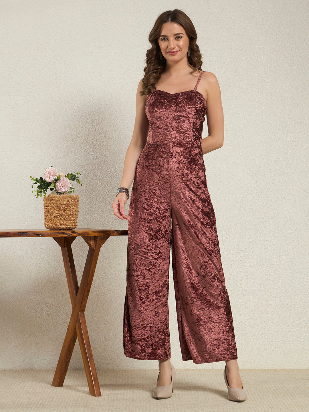 Rosewood Crushed Velvet Wide-Leg Jumpsuit